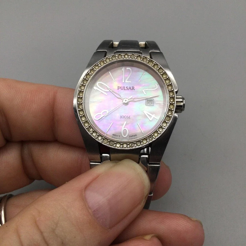 Pulsar Womens Watch 27mm Pink MOP Dial Crystal Bezel V8X2-X393 Date 6.25